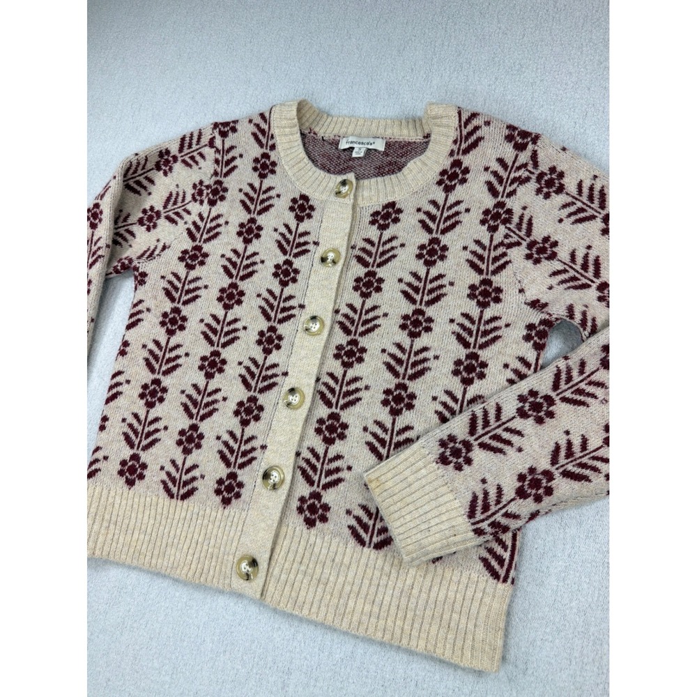 Francescas Cream Burgundy Floral Knit Cardigan Sweater SD-20434 Womens Small